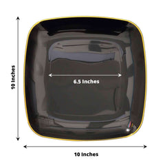 10-Pack Plastic 10" Square Dinner Plates in Black with Gold Rim - Classy Disposable Lunch Party Plates