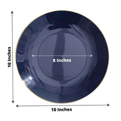 10-Pack Plastic 10" Round Dinner Plates in Navy Blue with Gold Rim - Glossy Disposable Party Plates