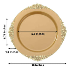10-Pack Plastic 10" Round Dinner Plates in Gold with Leaf Embossed Rim - Disposable Vintage Baroque Style Plates for Luxurious Gatherings & Events