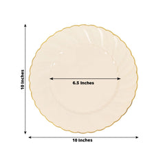 10-Pack Plastic 10" Round Dinner Plates in Ivory with Gold Flair Rim - Disposable Party Plates