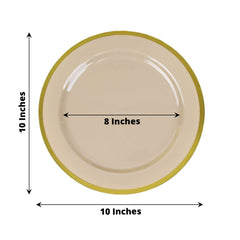 10-Pack Plastic 10" Round Dinner Plates in Taupe with Gold Rim - Disposable Party Plates for Classy Banquets & Special Occasions