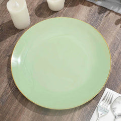 10-Pack Plastic 10" Round Dinner Plates in Sage Green with Gold Rim - Glossy Disposable Party Plates