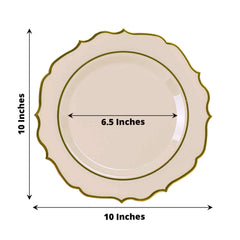 10-Pack Plastic 10" Round Dinner Plates in Taupe with Gold Scalloped Rim - Disposable Party Plates