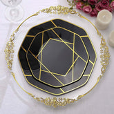 10-Pack Plastic 10" Octagon Dinner Plates in Black - Modern Disposable Party Plates with Gold Geometric Design for Special Occasions & Celebrations