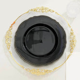 10-Pack Plastic 10" Dinner Plates in Black with Gold Scalloped Rim - Disposable Large Party Plates