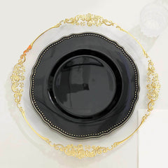 10-Pack Plastic 10" Dinner Plates in Black with Gold Scalloped Rim - Disposable Large Party Plates