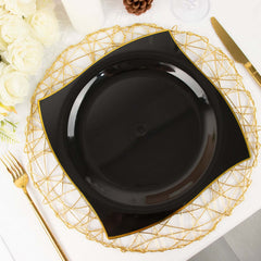 10-Pack Plastic 10" Square Dinner Plates in Black with Gold Wavy Rim Modern - Disposable Party Plates