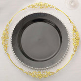 10-Pack Plastic 10" Round Dinner Plates in Black with Silver Beaded Rim - Disposable Party Plates for Banquets & Festive Occasions