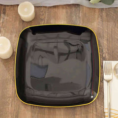 10-Pack Plastic 10" Square Dinner Plates in Black with Gold Rim - Classy Disposable Lunch Party Plates