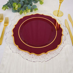 10-Pack Plastic 10" Round Dinner Plates in Burgundy with Gold Scalloped Rim - Disposable Party Plates