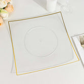 10-Pack Plastic 10" Square Dinner Plates in Clear Concave Style with Gold Rim - Modern Disposable Party Plates