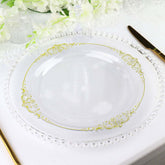 10-Pack Plastic 10" Round Dinner Plates in Clear with Gold Leaf Embossed Rim - Disposable Vintage Baroque Style Plates