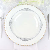 10-Pack Plastic 10" Round Dinner Plates in Clear with Silver Leaf Embossed Rim - Disposable Vintage Baroque Style Plates