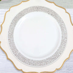 10-Pack Plastic Dinner Plates White with Fancy Silver Lace Rim - Stylish Disposable Plates for Events 10"