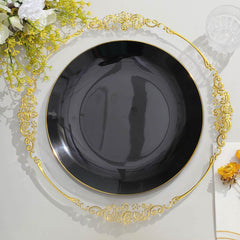 10-Pack Plastic 10" Round Dinner Plates in Black with Gold Rim - Glossy Disposable Party Plates
