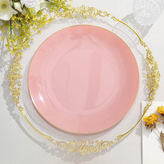 10-Pack Plastic 10" Round Dinner Plates in Dusty Rose with Gold Rim - Glossy Disposable Party Plates