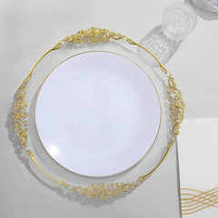 10-Pack Plastic 10" Round Dinner Plates in White with Gold Rim - Glossy Disposable Party Plates for Banquets & Special Occasions