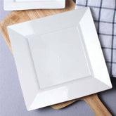 10-Pack Plastic Dinner Plates Glossy White Square with Wide Rim - Sturdy Disposable Party Plates 10"
