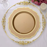 10-Pack Plastic 10" Round Dinner Plates in Gold with Gold Scalloped Rim - Disposable Party Plates