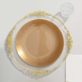 10-Pack Plastic 10" Round Dinner Plates in Gold with Gold Rim - Glossy Disposable Party Plates