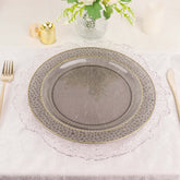 10-Pack Plastic 10" Round Dinner Plates in Opaque Black Hammered Design with Gold Rim - Disposable Party Plates for Chic Banquets & Special Occasions