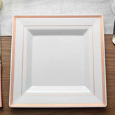 10-Pack Plastic Dinner Plates White Square with Rose Gold Trim - Lightweight Disposable Plates for Events 10"
