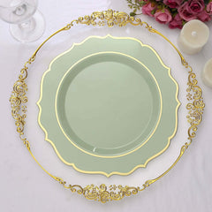 10-Pack Plastic 10" Round Dinner Plates in Sage Green with Gold Scalloped Rim - Disposable Party Plates