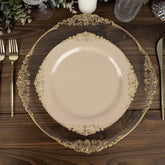 10-Pack Plastic 10" Round Dinner Plates in Taupe with Gold Leaf Embossed Rim - Disposable Vintage Baroque Style Plates