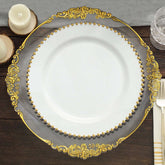 10-Pack Plastic 10" Round Dinner Plates in White with Gold Beaded Rim - Disposable Party Plates for Banquets & Festive Occasions