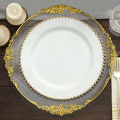 10-Pack Plastic 10" Round Dinner Plates in White with Gold Beaded Rim - Disposable Party Plates for Banquets & Festive Occasions