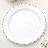 10-Pack Plastic 10" Round Dinner Plates in White with Silver Beaded Rim - Disposable Party Plates for Banquets & Festive Occasions