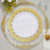 10-Pack Plastic 10" Round Dinner Plates in White with Gold Lace Rim - Disposable Party Plates for Classy Events & Banquets