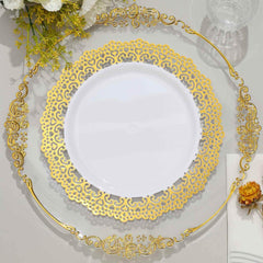 10-Pack Plastic 10" Round Dinner Plates in White with Gold Lace Rim - Disposable Party Plates for Classy Events & Banquets