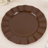 10-Pack Plastic 11" Round Dinner Plates in Cinnamon Brown Ruffled Rim with Gold Edging - Sturdy Disposable Dinnerware