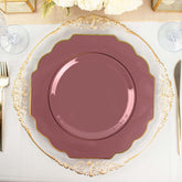 10-Pack Plastic Dinner Plates in Cinnamon Rose Baroque Design with Scalloped Gold Rim - Heavy Duty Disposable Party Plates 11"
