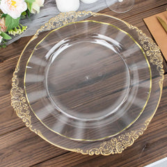 10-Pack Plastic 11" Round Dinner Plates in Clear Ruffled Rim with Gold Edging - Sturdy Disposable Dinnerware