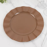10-Pack Plastic 11" Round Dinner Plates in Coffee Brown Ruffled Rim with Gold Edging - Sturdy Disposable Dinnerware