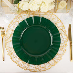 10-Pack Plastic 11" Round Dinner Plates in Hunter Emerald Green Ruffled Rim with Gold Edging - Sturdy Disposable Dinnerware