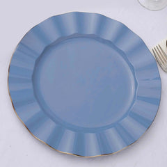 10-Pack Plastic 11" Round Dinner Plates in Ocean Blue Ruffled Rim with Gold Edging - Sturdy Disposable Dinnerware
