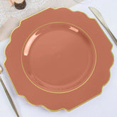 10-Pack Plastic Dinner Plates in Terracotta (Rust) Baroque Design with Scalloped Gold Rim - Heavy Duty Disposable Party Plates 11"