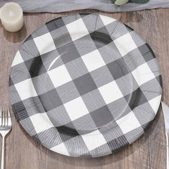 10-Pack Disposable Paper Charger Plates – Black/White Buffalo Plaid 13" Round Table Chargers, 350 GSM Cardstock