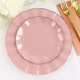10-Pack Plastic Round 6" Dessert Plates in Dusty Rose Ruffled Rim with Gold Edging - Sturdy Disposable Salad Appetizer Dinnerware