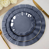 10-Pack Plastic Round 6" Dessert Plates in Navy Blue Ruffled Rim with Gold Edging - Sturdy Disposable Salad Appetizer Dinnerware