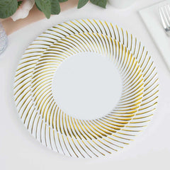 10-Pack Plastic 7" Round Dessert Plates in White with Gold Swirl Rim - Disposable Salad Plates for Classy Events & Banquets