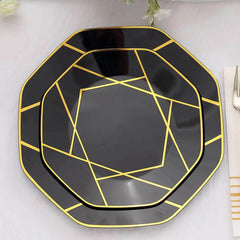 10-Pack Plastic 8" Octagon Dessert Plates in Black - Modern Disposable Salad/Appetizer Plates with Gold Geometric Design for Special Occasions & Celebrations