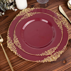 10-Pack Plastic 8" Round Dessert Plates in Burgundy with Gold Leaf Embossed Rim for Gatherings & Events