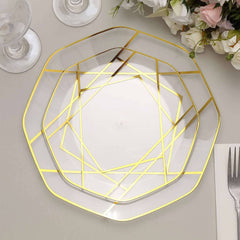 10-Pack Plastic 8" Octagon Dessert Plates in Clear - Modern Disposable Salad/Appetizer Plates with Gold Geometric Design for Special Occasions & Celebrations