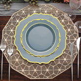 10-Pack Plastic 8" Round Dessert Plates in Dusty Blue with Gold Scalloped Rim - Disposable Appetizer/Salad Plates