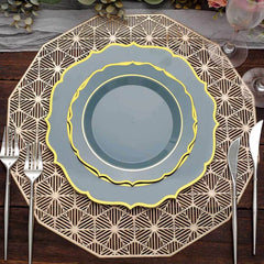 10-Pack Plastic 8" Round Dessert Plates in Dusty Blue with Gold Scalloped Rim - Disposable Appetizer/Salad Plates