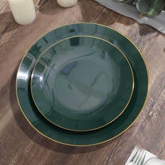 10-Pack Plastic 8" Round Dessert Plates in Hunter Emerald Green with Gold Rim - Glossy Disposable Appetizer Salad Plates